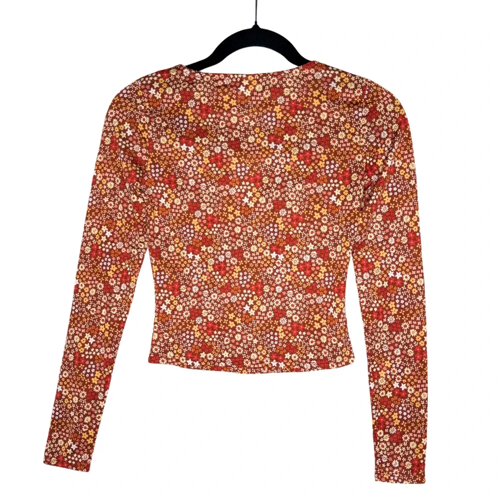 Planet Gold Floral Long Sleeve Criss Cross Crop Top Burnt Henna Medium Bohemian